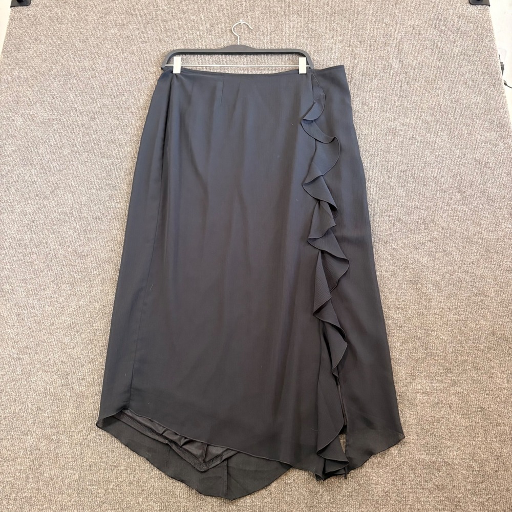 Black Ruffle Front Maxi Skirt Asymmetrical Handkerchief Hem Sheer Overlay Sz 14 - Picture 10 of 10